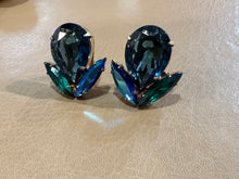 Load image into Gallery viewer, Vintage Czechoslovakia Prong Set AB Blue Crystal Navette Clip On Earrings