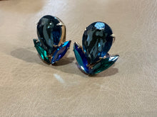 Load image into Gallery viewer, Vintage Czechoslovakia Prong Set AB Blue Crystal Navette Clip On Earrings