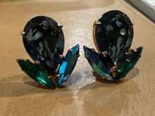 Load image into Gallery viewer, Vintage Czechoslovakia Prong Set AB Blue Crystal Navette Clip On Earrings