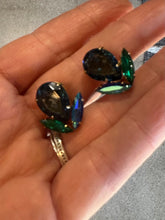 Load image into Gallery viewer, Vintage Czechoslovakia Prong Set AB Blue Crystal Navette Clip On Earrings