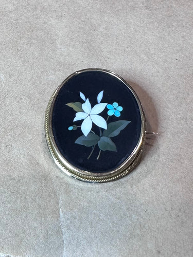 Gold Floral Pietra Dura Mosaic Brooch