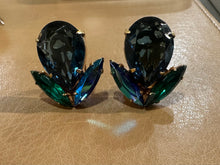 Load image into Gallery viewer, Vintage Czechoslovakia Prong Set AB Blue Crystal Navette Clip On Earrings