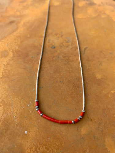 Liquid silver and coral choker