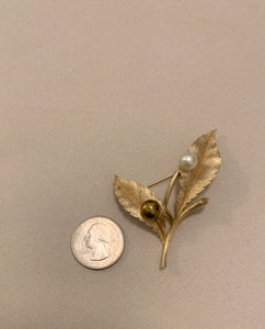 Crown Trifari leaf pin with 2 pearls