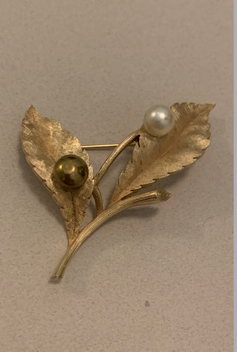 Crown Trifari leaf pin with 2 pearls